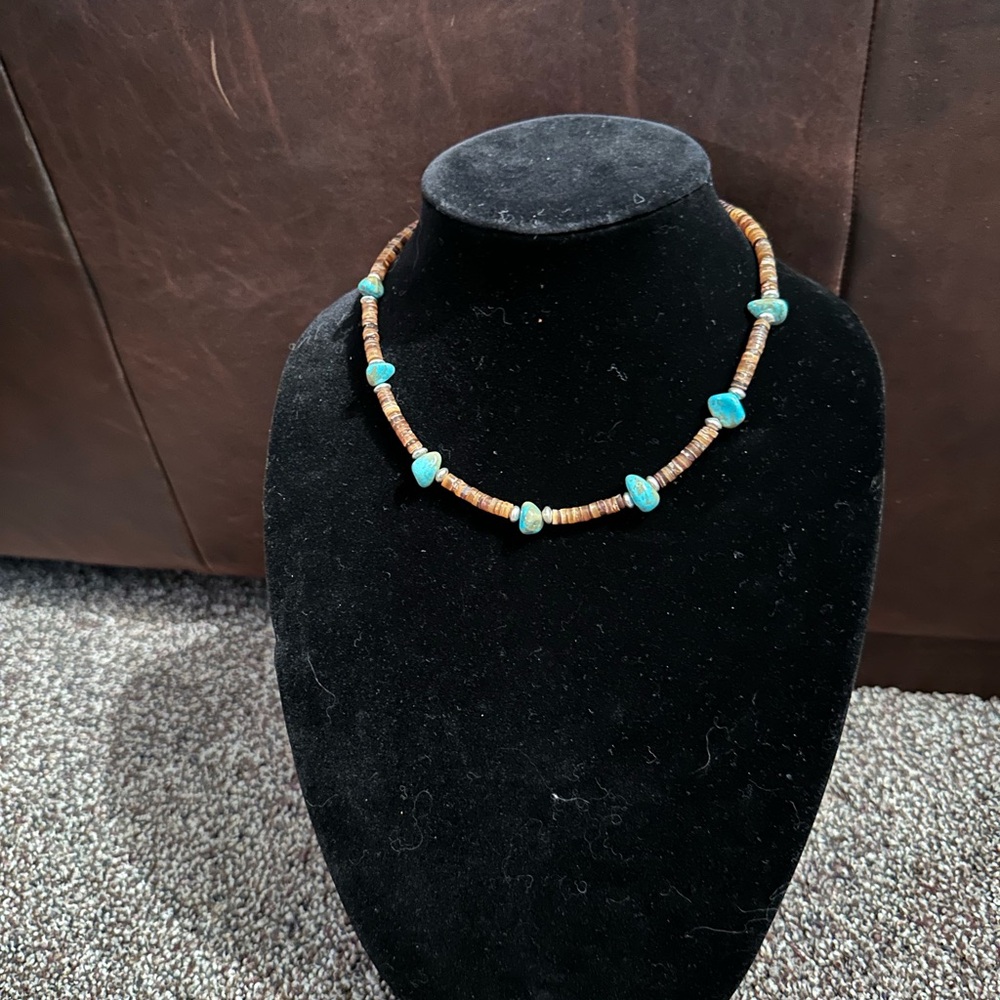 Hand Crafted Turquoise, Brown Shell Necklace & Sterling Silver Necklace.